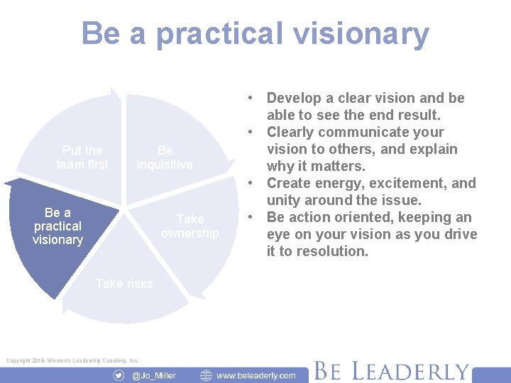 Be a practical visionary Put the team first Be inquisitive Be a practical visionary