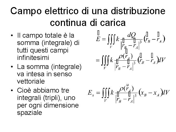 Campo elettrico di una distribuzione continua di carica • Il campo totale è la