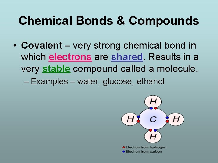 Chemical Bonds & Compounds • Covalent – very strong chemical bond in which electrons
