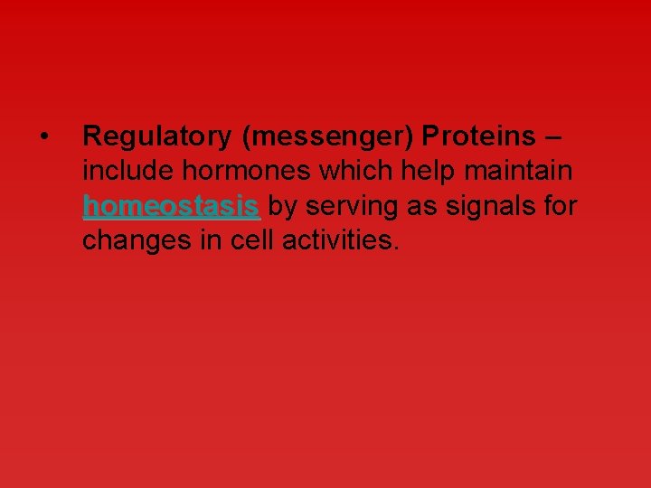  • Regulatory (messenger) Proteins – include hormones which help maintain homeostasis by serving