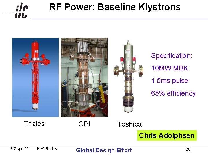 RF Power: Baseline Klystrons Specification: 10 MW MBK 1. 5 ms pulse 65% efficiency