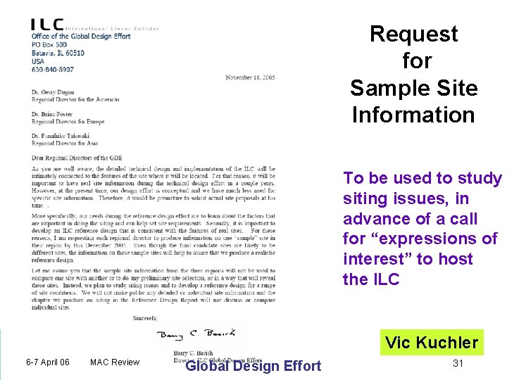 Request for Sample Site Information To be used to study siting issues, in advance