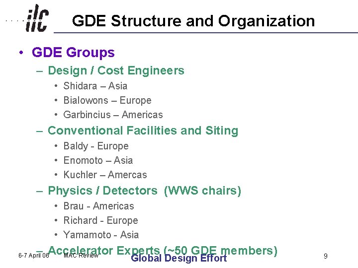 GDE Structure and Organization • GDE Groups – Design / Cost Engineers • Shidara