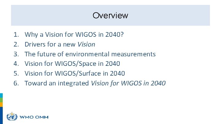 Overview 1. 2. 3. 4. 5. 6. Why a Vision for WIGOS in 2040?