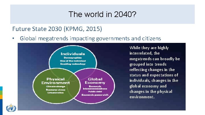 The world in 2040? Future State 2030 (KPMG, 2015) • Global megatrends impacting governments