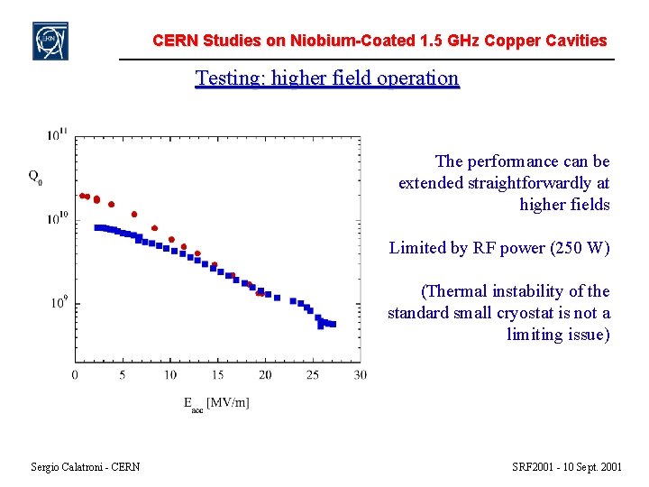 CERN Studies on Niobium-Coated 1. 5 GHz Copper Cavities Testing: higher field operation The