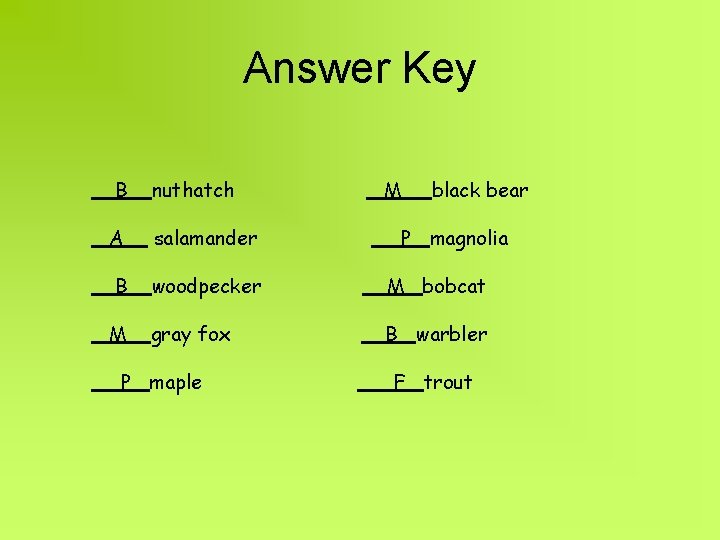 Answer Key B nuthatch A salamander B woodpecker M bobcat M gray fox B
