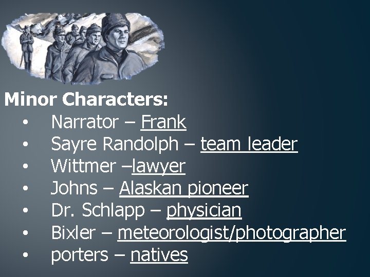 Minor Characters: • Narrator – Frank • Sayre Randolph – team leader • Wittmer