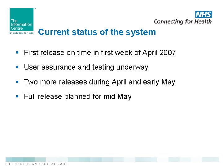 Current status of the system § First release on time in first week of