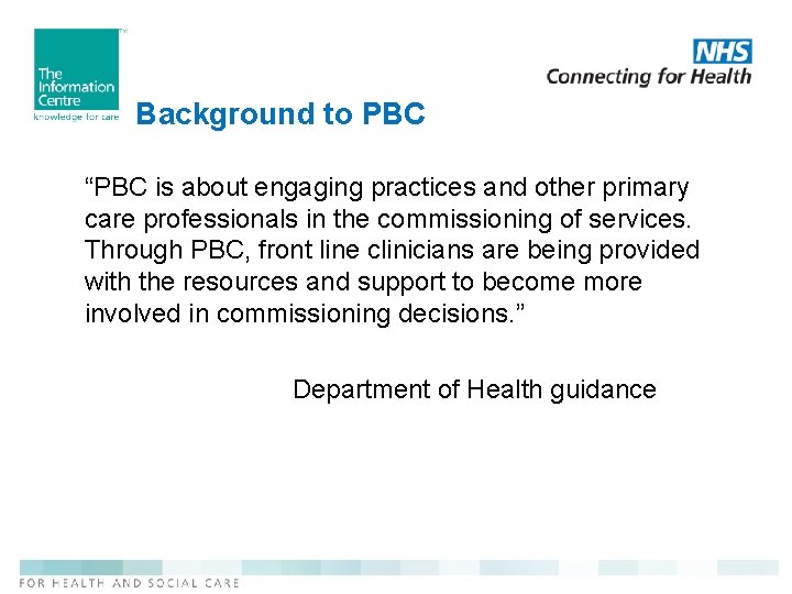 Background to PBC “PBC is about engaging practices and other primary care professionals in