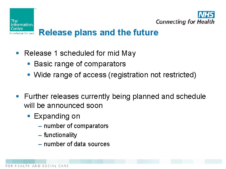 Release plans and the future § Release 1 scheduled for mid May § Basic