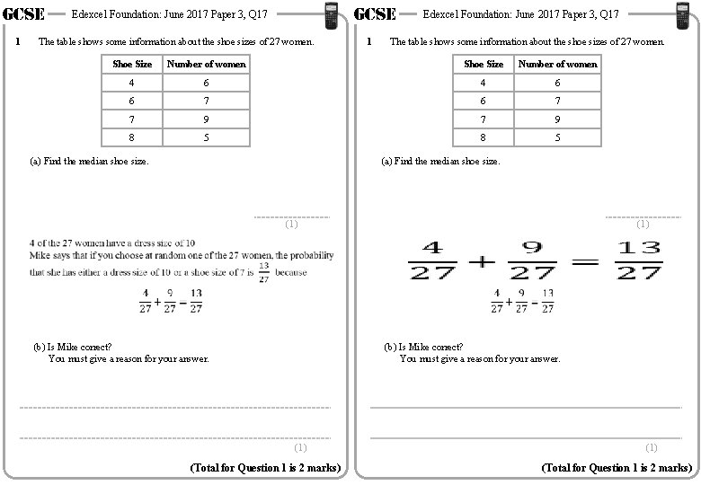 GCSE 1 GCSE Edexcel Foundation: June 2017 Paper 3, Q 17 The table shows