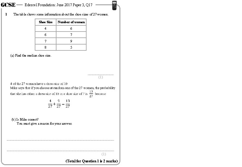 GCSE 1 Edexcel Foundation: June 2017 Paper 3, Q 17 The table shows some