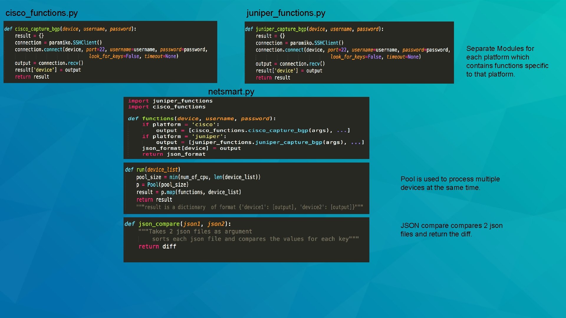 cisco_functions. py juniper_functions. py Separate Modules for each platform which contains functions specific to