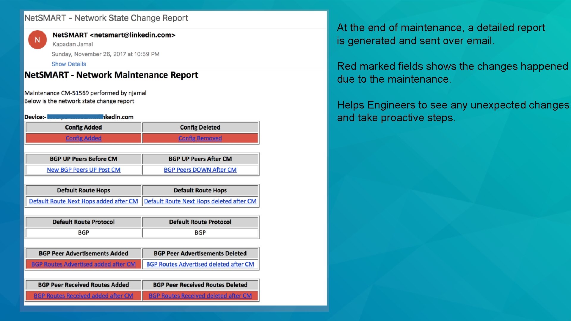 At the end of maintenance, a detailed report is generated and sent over email.