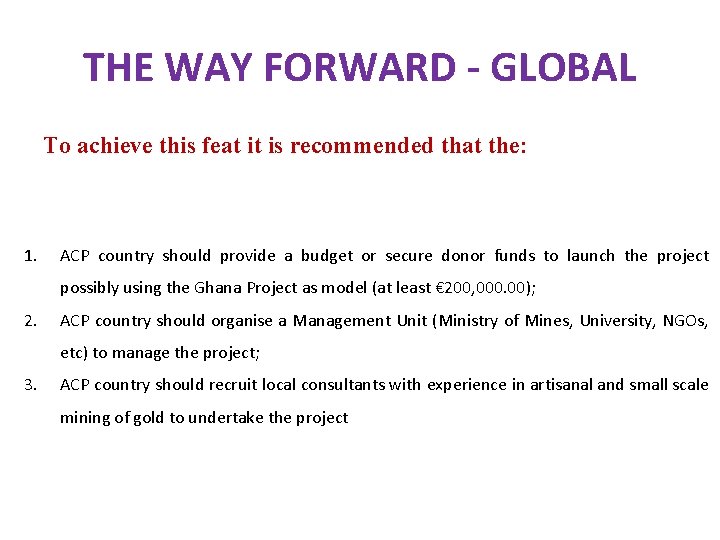 THE WAY FORWARD - GLOBAL To achieve this feat it is recommended that the: