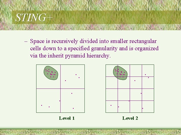 STING+ – Space is recursively divided into smaller rectangular cells down to a specified