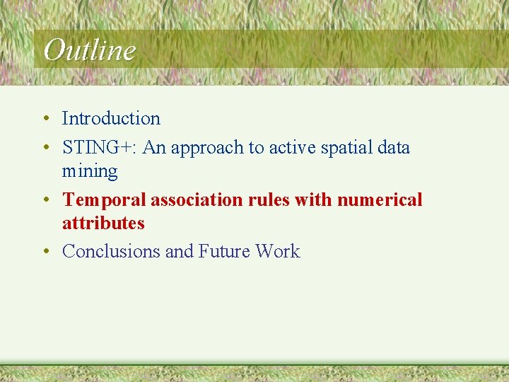 Outline • Introduction • STING+: An approach to active spatial data mining • Temporal