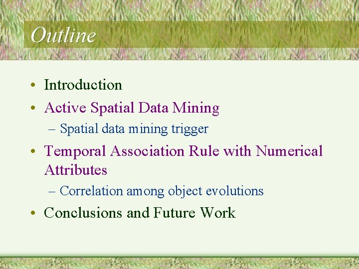 Outline • Introduction • Active Spatial Data Mining – Spatial data mining trigger •