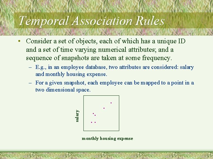 Temporal Association Rules • Consider a set of objects, each of which has a