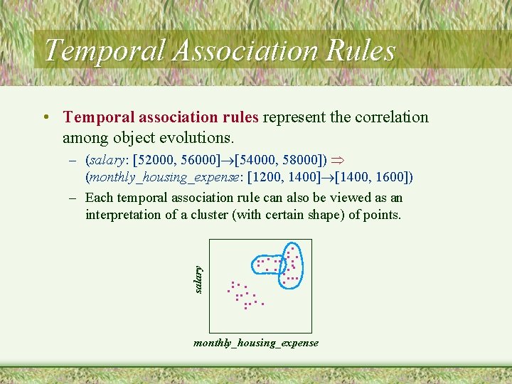 Temporal Association Rules • Temporal association rules represent the correlation among object evolutions. salary