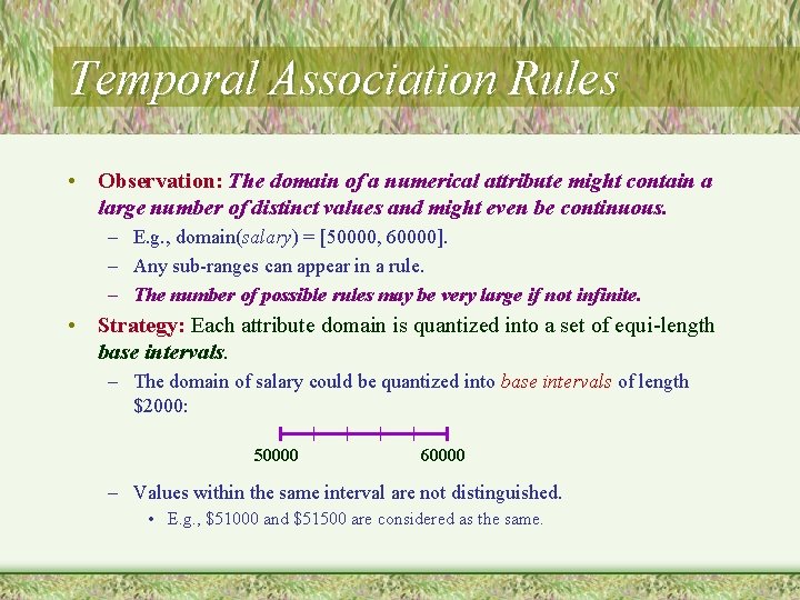 Temporal Association Rules • Observation: The domain of a numerical attribute might contain a
