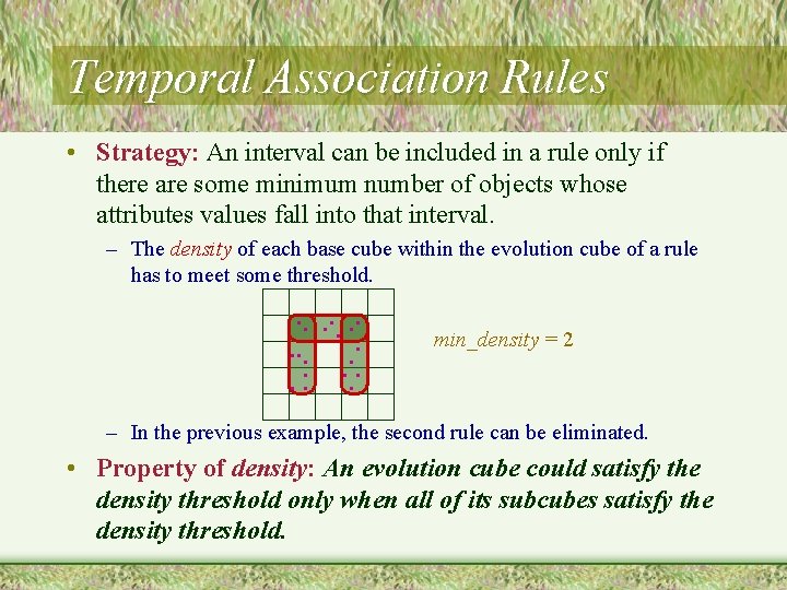 Temporal Association Rules • Strategy: An interval can be included in a rule only