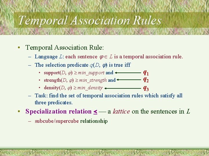 Temporal Association Rules • Temporal Association Rule: – Language L: each sentence L is