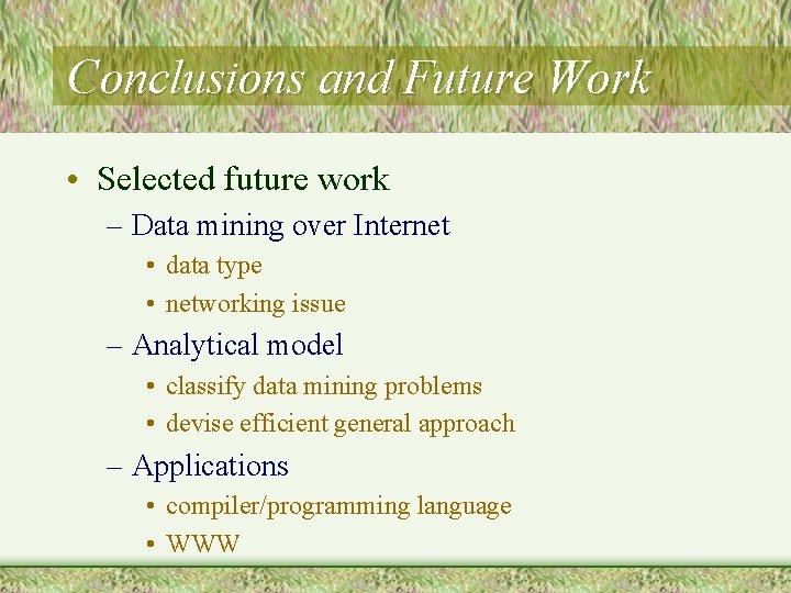 Conclusions and Future Work • Selected future work – Data mining over Internet •