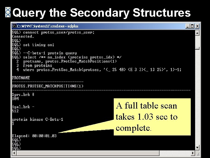 Query the Secondary Structures A full table scan takes 1. 03 sec to complete.