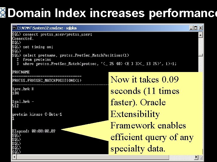 Domain Index increases performance Now it takes 0. 09 seconds (11 times faster). Oracle