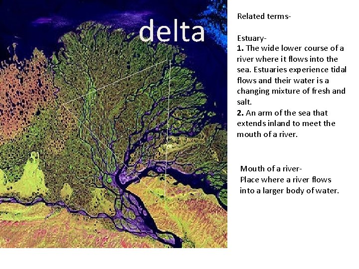 delta Related terms. Estuary 1. The wide lower course of a river where it