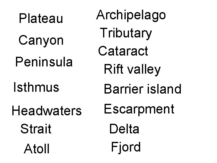 Plateau Canyon Peninsula Isthmus Headwaters Strait Atoll Archipelago Tributary Cataract Rift valley Barrier island