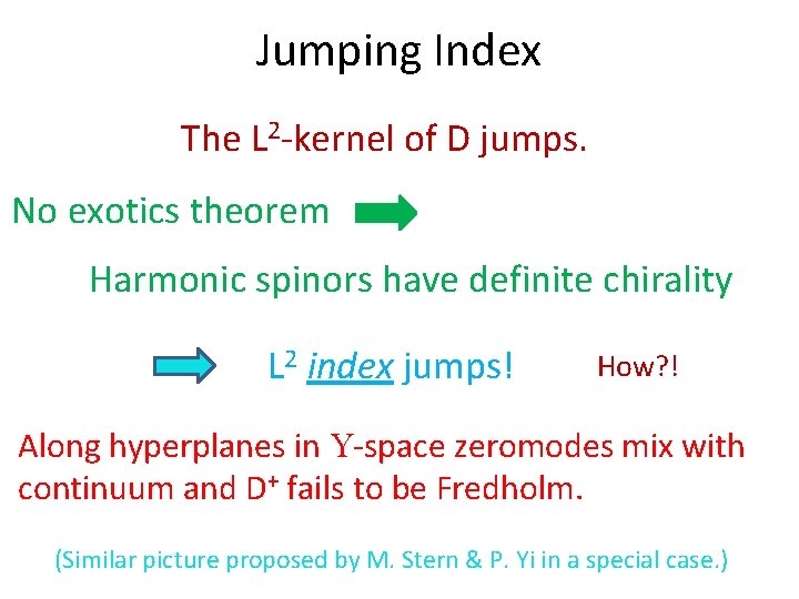 Jumping Index The L 2 -kernel of D jumps. No exotics theorem Harmonic spinors