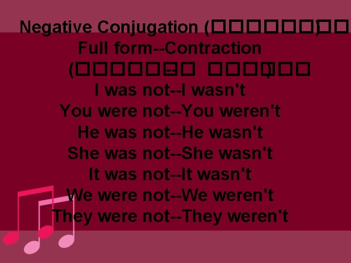 Negative Conjugation (����� ) Full form--Contraction (������� -������ ) I was not--I wasn't You