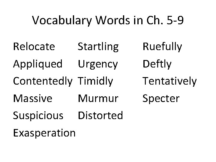 Vocabulary Words in Ch. 5 -9 Relocate Startling Appliqued Urgency Contentedly Timidly Massive Murmur
