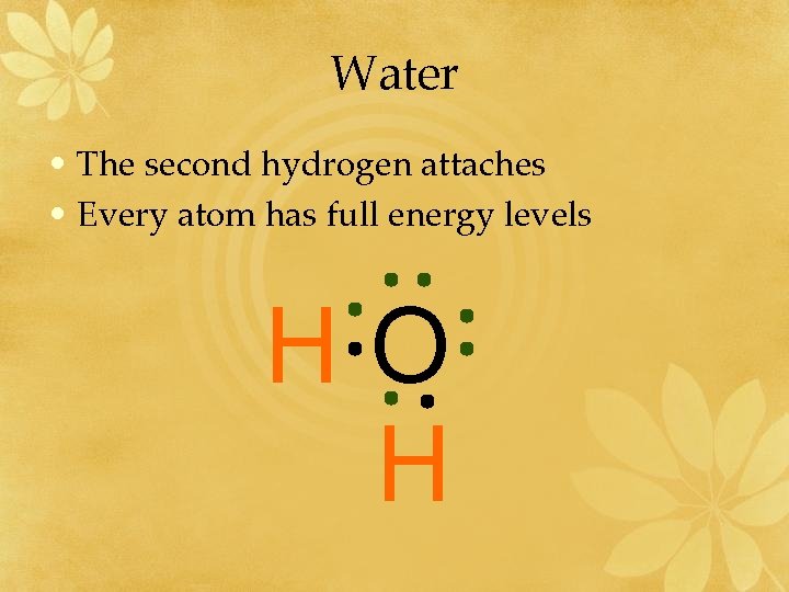 Water • The second hydrogen attaches • Every atom has full energy levels HO