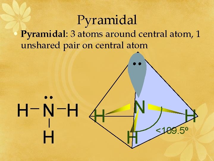 Pyramidal • Pyramidal: 3 atoms around central atom, 1 unshared pair on central atom