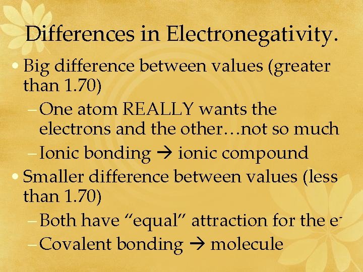 Differences in Electronegativity. • Big difference between values (greater than 1. 70) – One