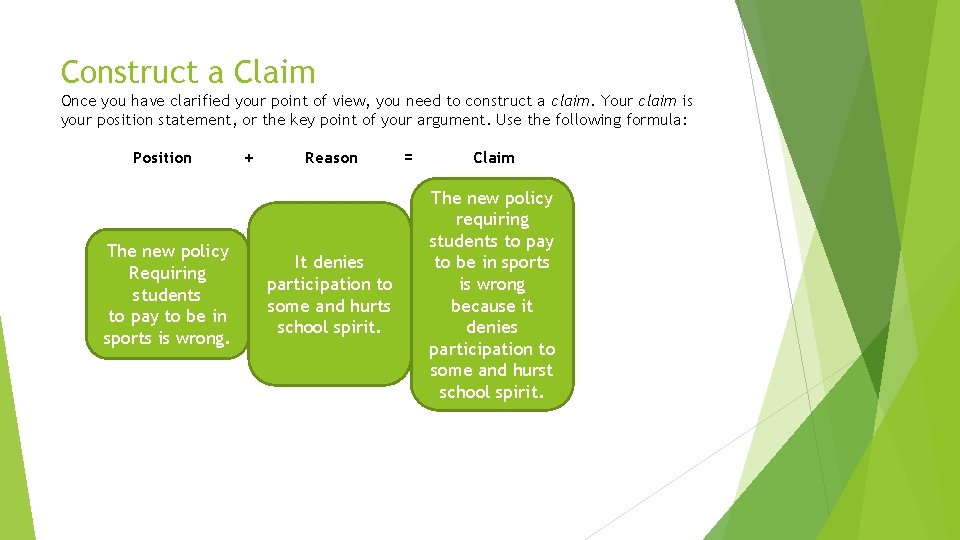 Construct a Claim Once you have clarified your point of view, you need to