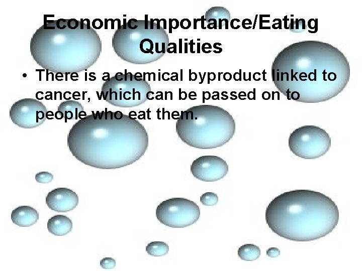 Economic Importance/Eating Qualities • There is a chemical byproduct linked to cancer, which can
