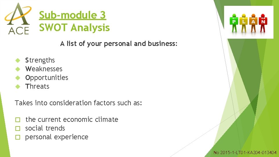Sub-module 3 SWOT Analysis A list of your personal and business: Strengths Weaknesses Opportunities