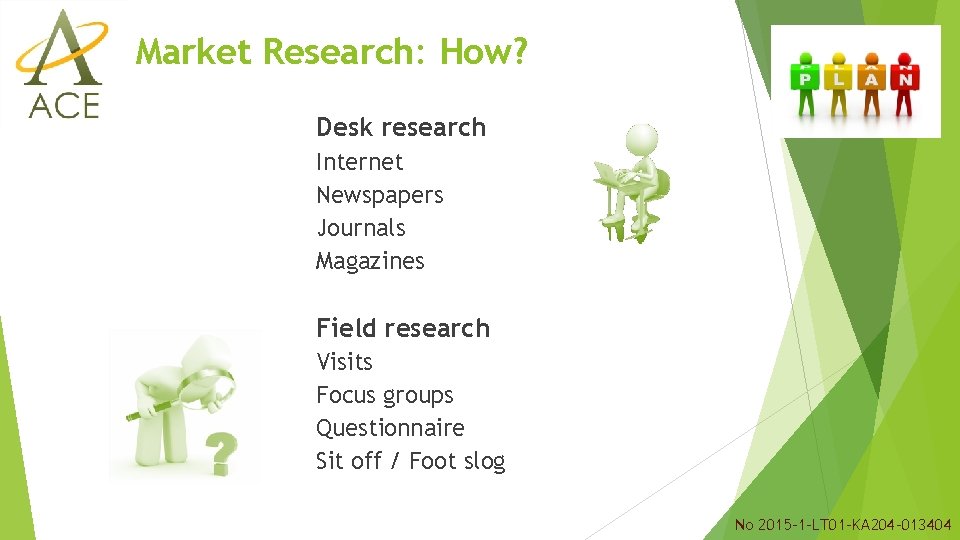 Market Research: How? Desk research Internet Newspapers Journals Magazines Field research Visits Focus groups