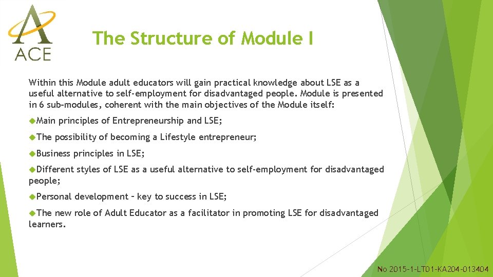 The Structure of Module I Within this Module adult educators will gain practical knowledge