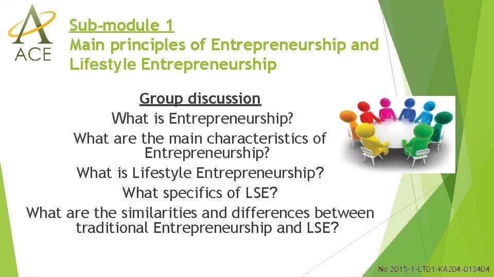Sub-module 1 Main principles of Entrepreneurship and Lifestyle Entrepreneurship Group discussion What is Entrepreneurship?