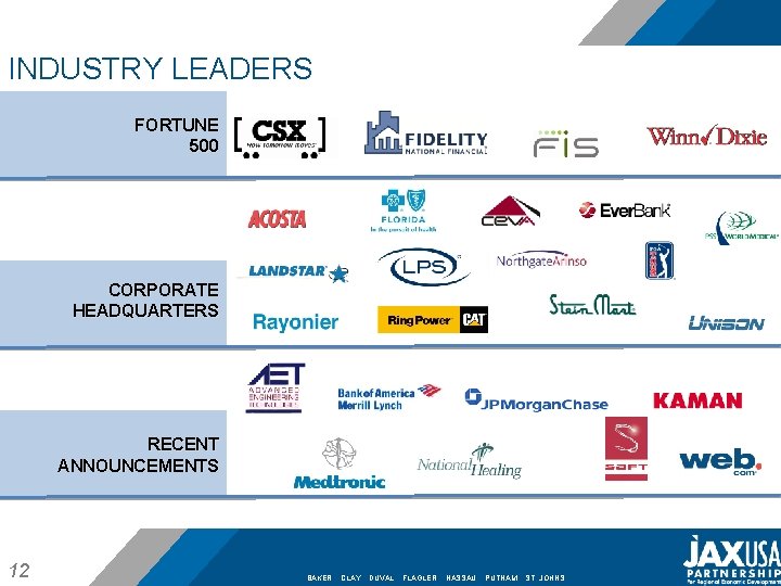 INDUSTRY LEADERS FORTUNE 500 CORPORATE HEADQUARTERS RECENT ANNOUNCEMENTS 12 11 BAKER CLAY DUVAL FLAGLER