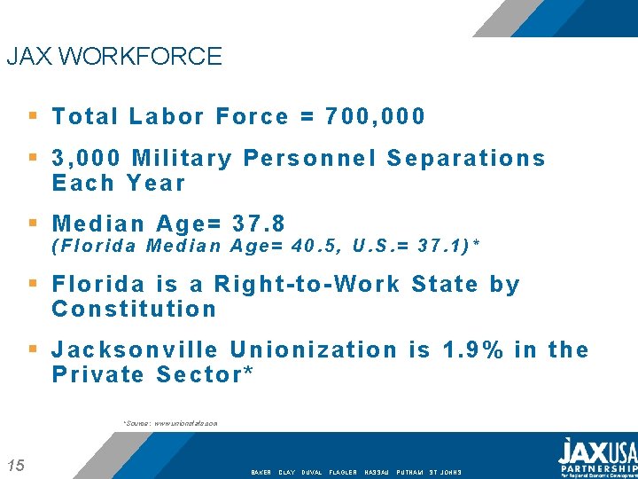 JAX WORKFORCE § Total Labor Force = 700, 000 § 3, 000 Military Personnel