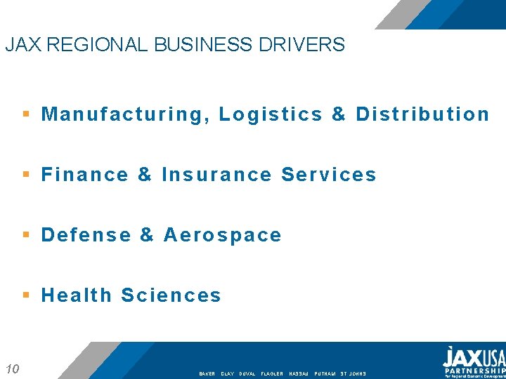 JAX REGIONAL BUSINESS DRIVERS § Manufacturing, Logistics & Distribution § Finance & Insurance Services