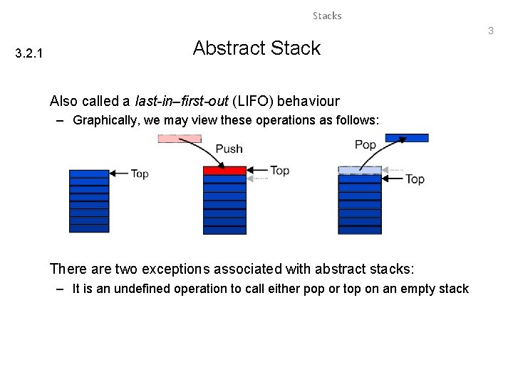 Stacks 3 3. 2. 1 Abstract Stack Also called a last-in–first-out (LIFO) behaviour –