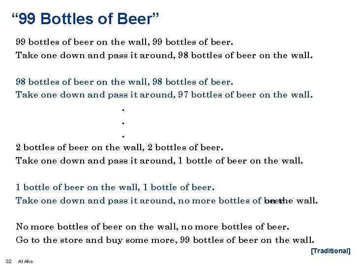 “ 99 Bottles of Beer” 99 bottles of beer on the wall, 99 bottles